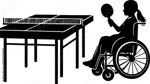 Girl in wheelchair playing table tennis with paddle and net setup  