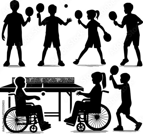 Silhouettes of children playing table tennis in various poses  