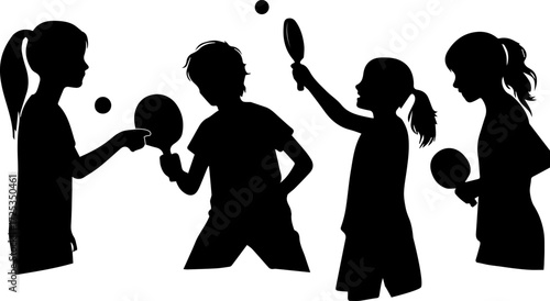 Silhouettes of children playing table tennis with paddles and balls  