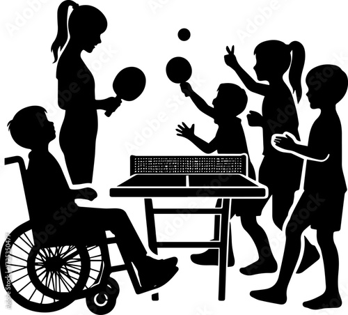 Children playing table tennis with disabled boy in wheelchair  