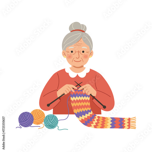 Vector art of elderly woman knitting a colorful striped sock