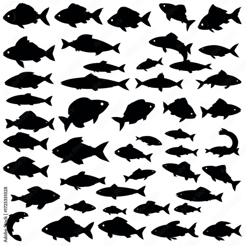 Fototapeta premium A set of black isolated fish silhouettes in various pose