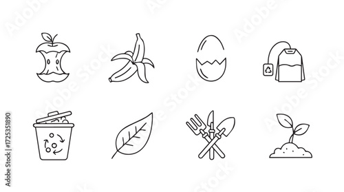 Composting icons collection apple scraps banana peels eggshells tea leaves plant sprout garden waste vector