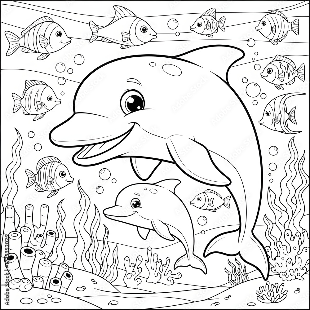 Obraz premium Dolphin family coloring page. Adorable cartoon sea animal illustration. Happy parent dolphin and a baby dolphin swimming with a school of fish. Fun printable activity sheet for kids.