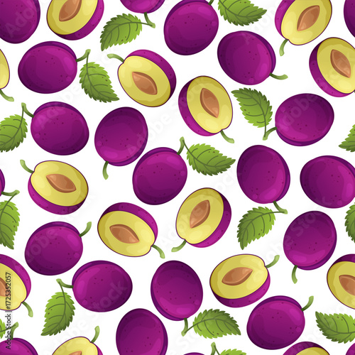 Seamless pattern of ripe plums. Concept of autumn, harvest. Perfect for textiles, covers, gift wrapping.