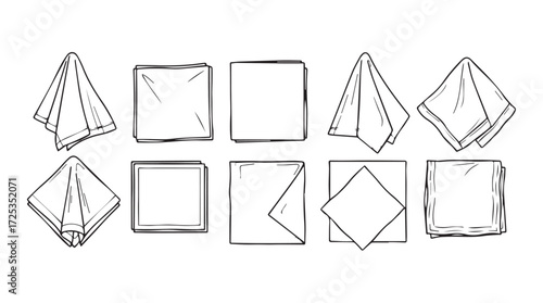 Set of hand-drawn napkins in various folds and poses for table setting and decor vector