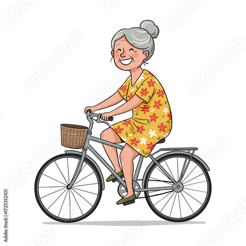 Vector art of happy elderly woman riding a bicycle with a basket