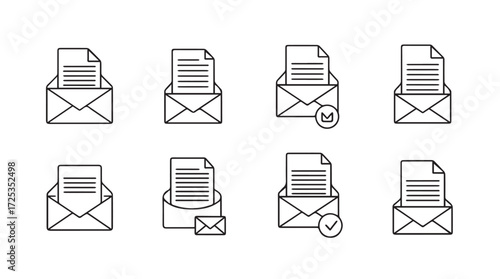 Set of email icons representing communication and document delivery in a clean line art style vector