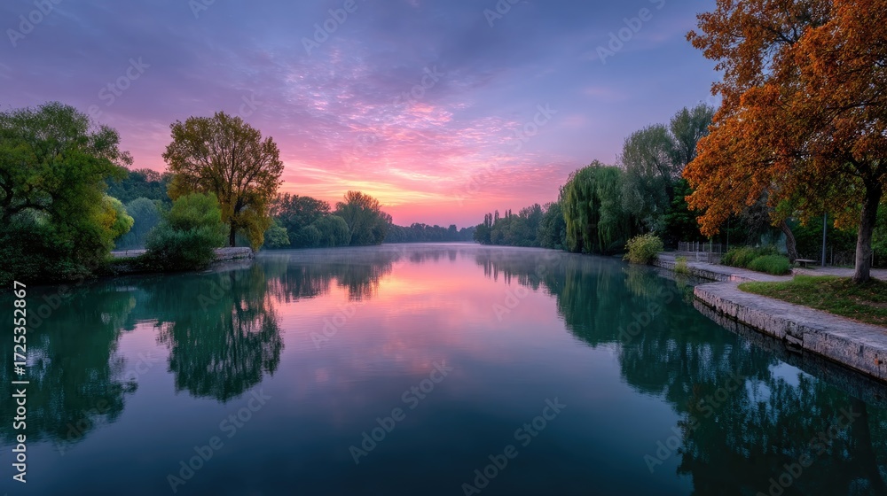 Fototapeta premium Dramatic Lake Landscape at Sunrise with Colorful Sky Reflection in Water and Trees in Foreground Serene Nature Scene