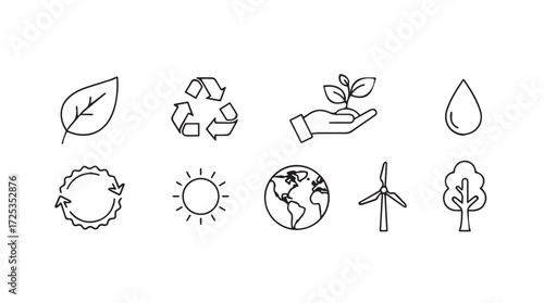 Set of hand drawn eco friendly icons symbolizing nature renewable energy and sustainability concepts vector