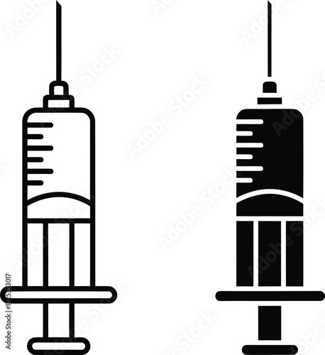 Two stylized illustrations of medical syringes, one in outline and the other in solid black.