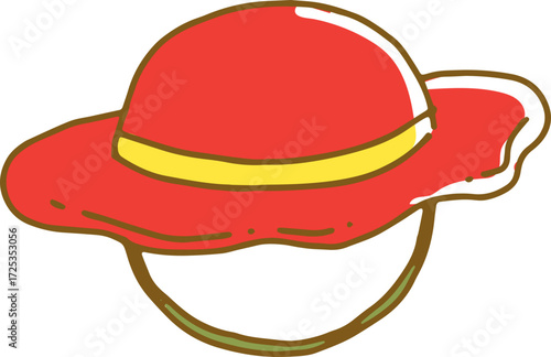 Cute cartoon illustration of a red sun hat with a yellow band and outline