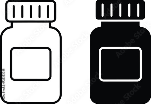 Two medicine bottles, one white and one black, with blank labels and ribbed caps, presented side-by-side.