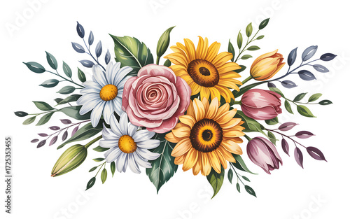 Floral Arrangement Watercolor Painting of Daisies, Roses, Sunflowers, and Tulips for Spring Decor and Artistic Design Projects