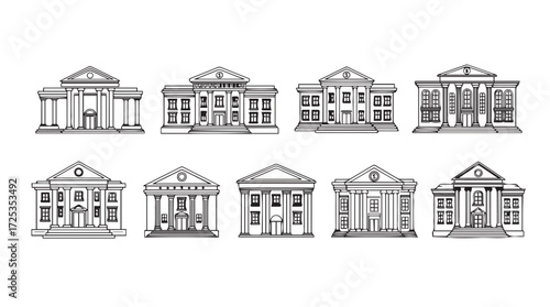 Collection of classic architectural building facades architectural styles line art icons vector