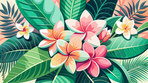 Frangipani tropical flowers in pastel tones, paper cut floral style, lush leaf border design, exotic botanical illustration, summer paradise card, vibrant poster vector, jungle vibes, decorative 