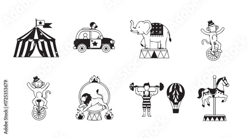 Whimsical circus and carnival icons hand-drawn style elements for festive designs vector
