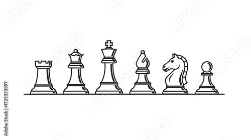Sketchy chess pieces lineup white rook queen king bishop knight pawn hand drawn style vector