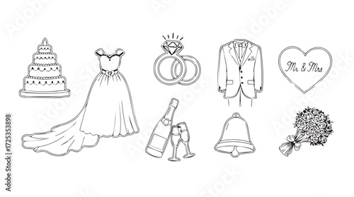 Collection of hand-drawn wedding elements including a cake bride dress groom suit rings and bouquet vector