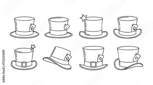 Collection of black and white top hats and magic hats for design elements vector