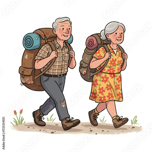 Vector art of smiling elderly couple with large backpacks walking on a dirt path