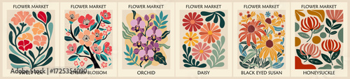 Set of abstract Flower Market posters. Trendy botanical wall arts with floral design in mid century modern colors. Modern naive groovy funky interior decorations, paintings. Vector art illustration
