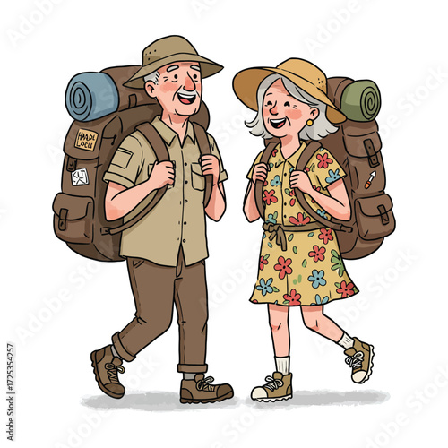 Vector art of elderly couple with large backpacks, ready for an adventure