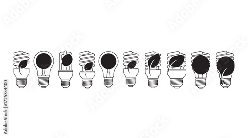 Row of energy saving compact fluorescent light bulbs with green illumination concept of eco friendly sustainable ideas vector