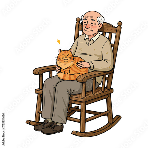 Vector art of elderly man sitting in a rocking chair holding a cat