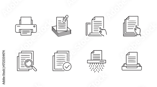 Set of document processing icons featuring printing scanning editing searching shredding and filing vector