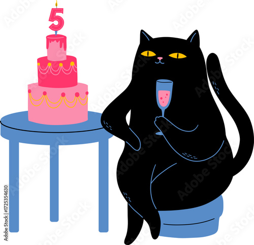 Black cat with wine glass and birthday cake