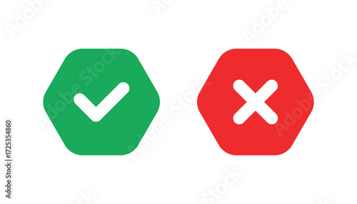 Green Check Mark and Red Cross in Hexagon Shape Illustration