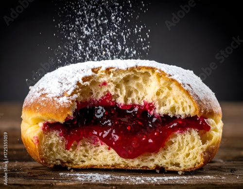Berliner donut cut open with thick raspberry jam oozing out dramatically. Powdered sugar dust floats mid-air