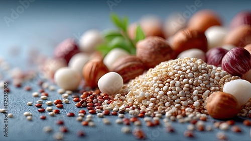 Close Up of Quinoa Grains and Nuts with Green Leaves Against a Blue Background in Cinematic HDR