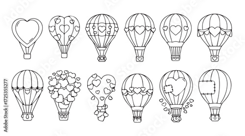 Collection of whimsical hand-drawn hot air balloons with hearts and floral designs vector