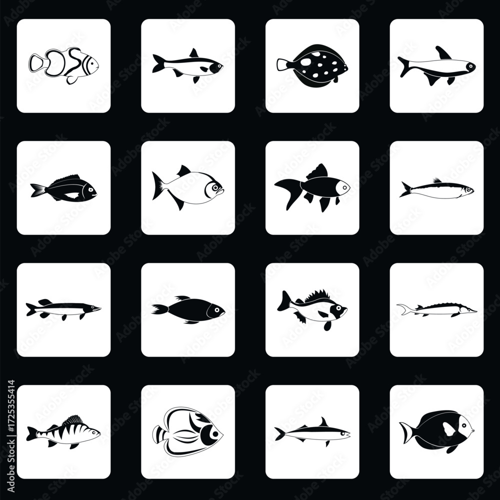 Naklejka premium Fish icons set in simple style