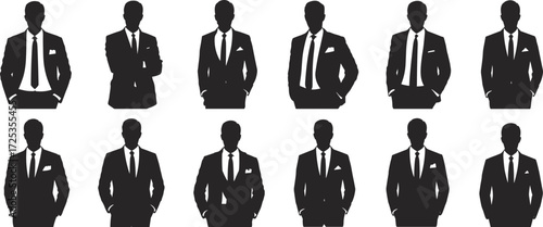 Businessman silhouettes, corporate icons, professional men, office attire, formal wear, executive design, career figures, fashion outline, vector illustration