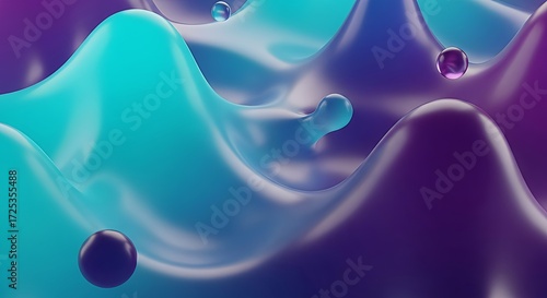 Abstract 3D fluid waves in turquoise and purple with floating glossy spheres. A futuristic digital artwork perfect for technology, sci-fi, and modern design projects.