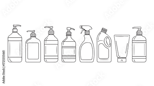 Collection of assorted bottles and containers for cleaning products and disinfectants vector