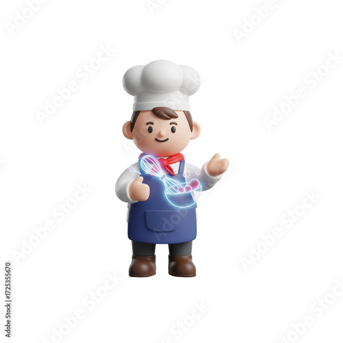 Cartoon Chef Holding Whisk Illustration Against Transparent Background for Culinary Projects