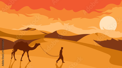 Desert landscape with man and camel desert wallpaper, ramadan kareem