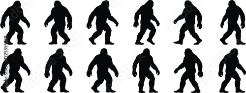 Bigfoot silhouettes, Sasquatch icons, cryptid figures, mythical creature, folklore design, walking poses, mystery art, legend outline, vector illustration
