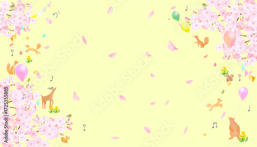 桜の木の下にいる森の動物と菜の花＿春、風船の飛ぶかわいいフレームイラストベクター素材Forest animals and rapeseed flowers under cherry blossoms—Spring, cute frame illustration vector material with floating balloons