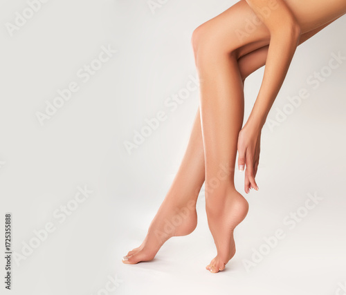 Perfect clean female feet . Beautiful and elegant groomed girl's hand touches her feet . Spa ,scrub and foot care . Woman legs
