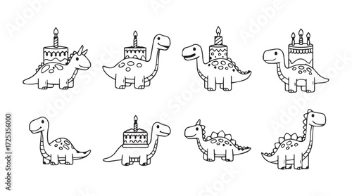 Cute dinosaur birthday cake icons set festive celebration elements for kids party designs vector
