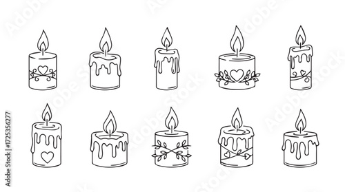 Collection of hand-drawn decorative candles with burning flames perfect for festive ambiance and celebration vector