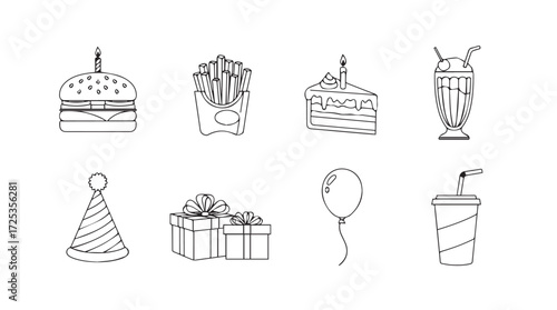 Hand drawn celebration food drinks and party items collection simple sketch art vector
