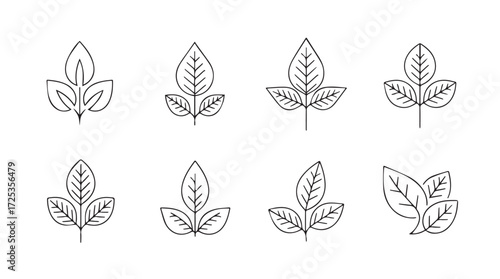 Set of eight hand-drawn leaf line art designs with subtle green wash accents vector