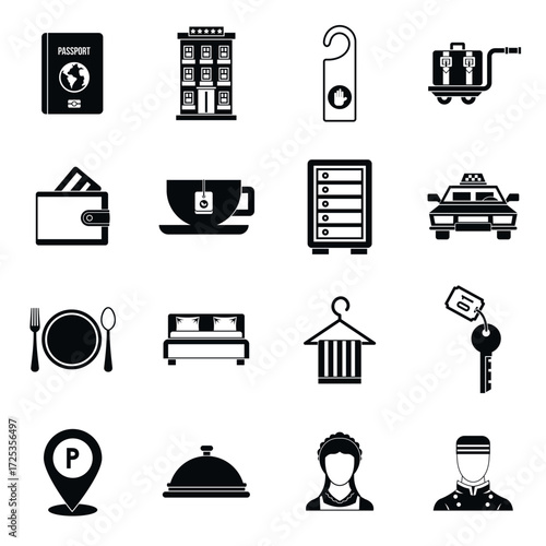 Hotel icons set in simple style.