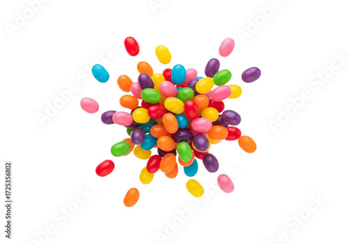 Sweet Explosion: Vibrant Rainbow Jelly Beans Scattered and Isolated on White Background